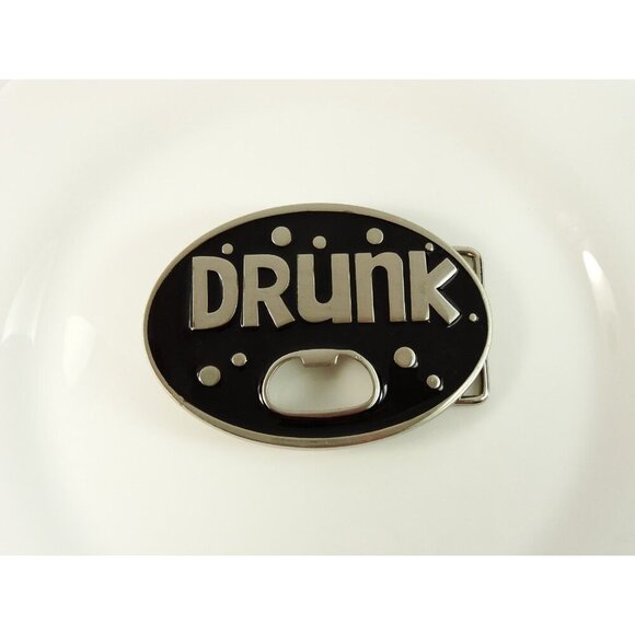 Drunk Belt Buckle Bottle Opener Black Silvertone Oval Statement - Picture 2 of 4